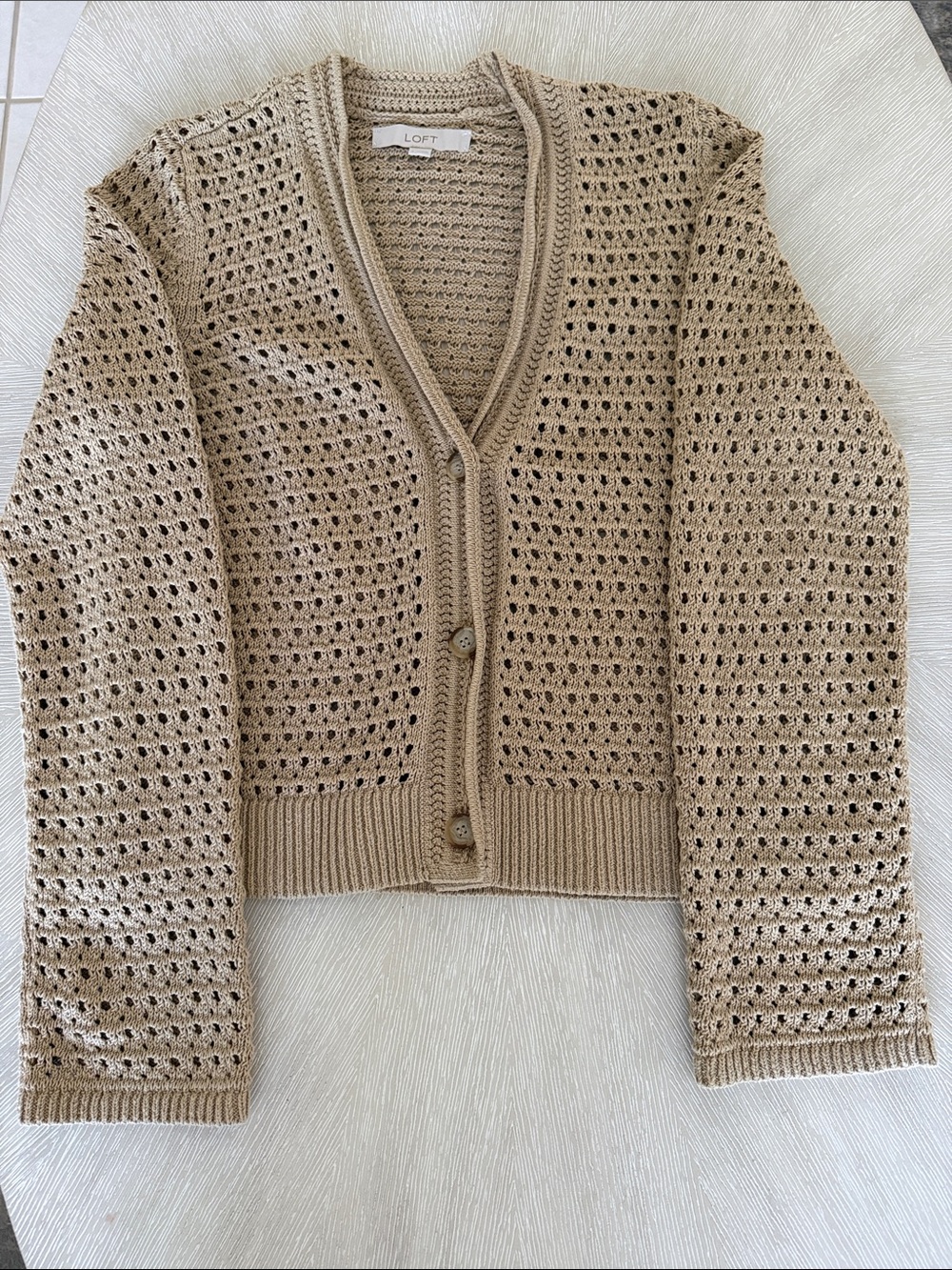 LOFT Open-Knit Button Cardigan in Taupe Beige